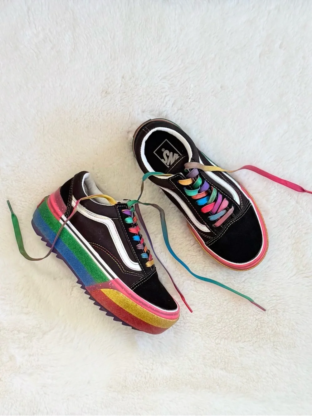 VANS Women’s 5 Old Skool Stacked Glitter Sneakers • Platform Suede Canvas Shoes